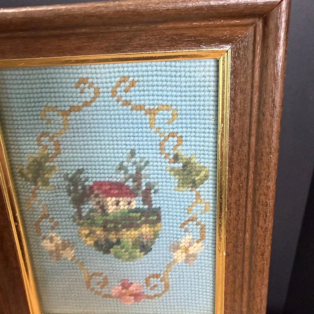 Framed Needlepoint Cottage Landscape Art Handmade Vintage Picture Blue Floral